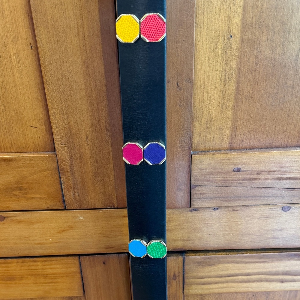 Vintage Carlisle Black Leather Belt w/Animal Skin Embossed Colorful Dots - Picture 5 of 8